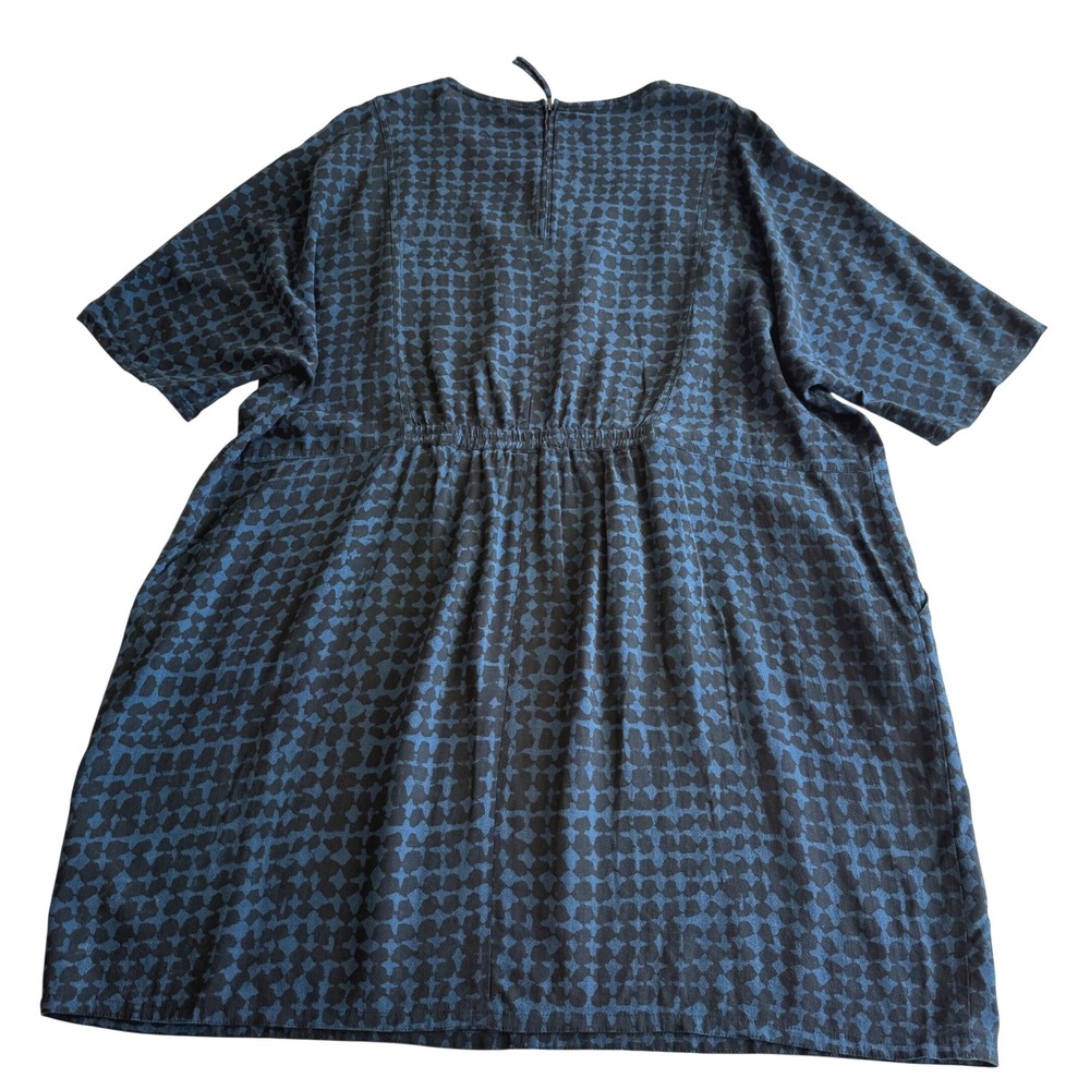 Poetry Tencel Linen Scoop Neck Blue Block Print Dress with gathered detail 16 18